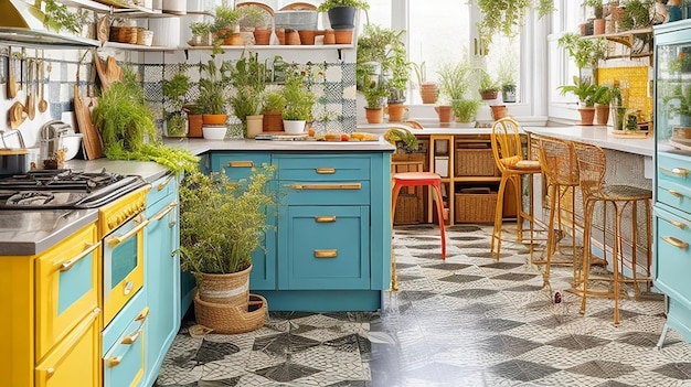 Una cucina eclettica con un pavimento a scacchi luminoso un backsplash colorato e una varietà di piante