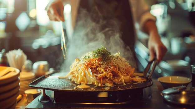 una cucina giapponese Okonomiyaki cameriere che serve in movimento in servizio nel ristorante Il cameriere porta i piatti