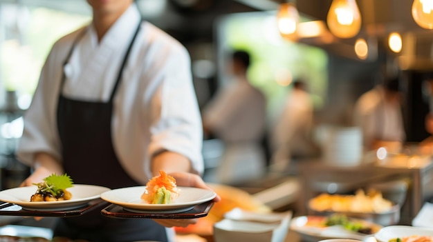 Una cucina giapponese Tempura Servitore che serve in movimento in servizio nel ristorante Il cameriere porta i piatti