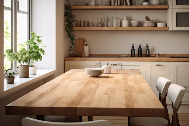 Una cucina in stile scandinavo presenta un piano d'appoggio in legno e uno sfondo sfocato