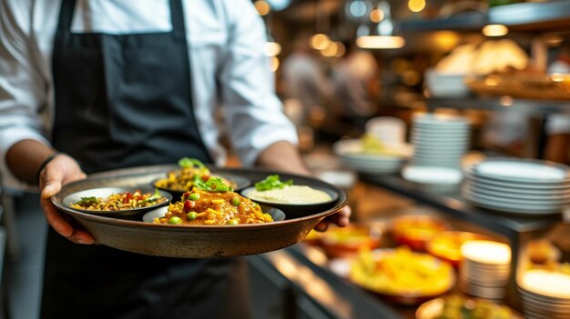 una cucina indiana Chole cameriere che serve in movimento in servizio nel ristorante Il cameriere porta i piatti