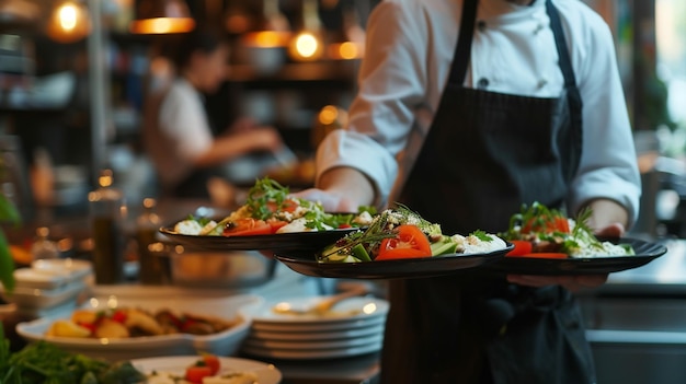 una cucina mediterranea Tzatziki cameriere che serve in movimento in servizio nel ristorante Il cameriere porta i piatti