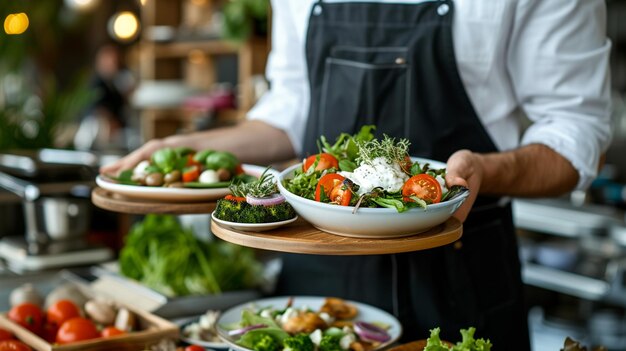 una cucina mediterranea Tzatziki cameriere che serve in movimento in servizio nel ristorante Il cameriere porta i piatti