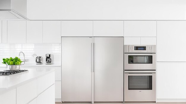 Una cucina moderna e minimalista con eleganti elettrodomestici in acciaio inossidabile e un piano di lavoro bianco brillante
