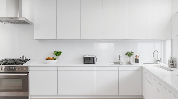 Una cucina moderna e minimalista con eleganti elettrodomestici in acciaio inossidabile e un piano di lavoro bianco brillante