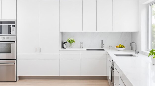 Una cucina moderna e minimalista con eleganti elettrodomestici in acciaio inossidabile e un piano di lavoro bianco brillante