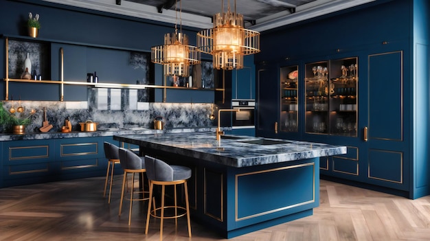 Una cucina moderna in blu con mobili in ferro battuto dorato e un bancone bar