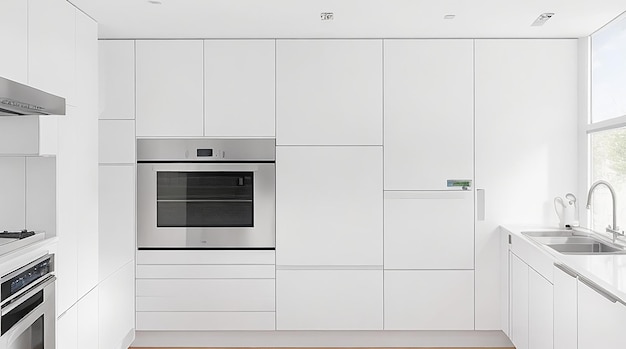 Una cucina moderna minimalista con eleganti elettrodomestici in acciaio inossidabile e un bancone bianco brillante