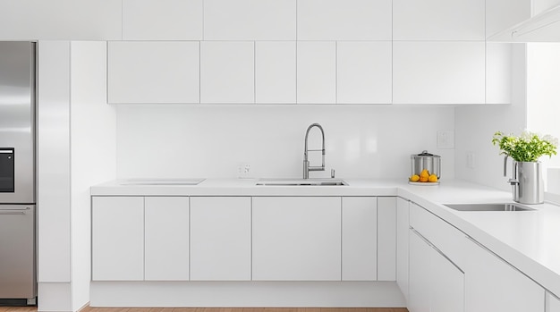 Una cucina moderna minimalista con eleganti elettrodomestici in acciaio inossidabile e un bancone bianco brillante