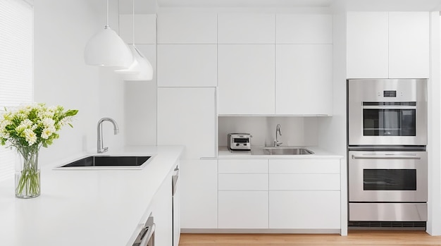 Una cucina moderna minimalista con eleganti elettrodomestici in acciaio inossidabile e un bancone bianco brillante