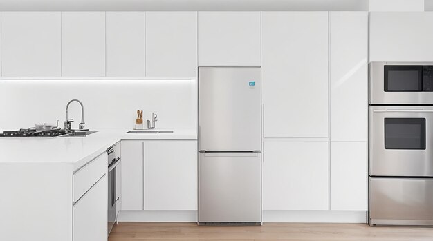 Una cucina moderna minimalista con eleganti elettrodomestici in acciaio inossidabile e un bancone bianco brillante