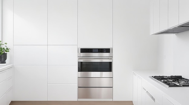 Una cucina moderna minimalista con eleganti elettrodomestici in acciaio inossidabile e un bancone bianco brillante