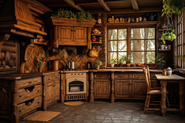 Una cucina rustica realizzata con materiali in legno ispirata a un'accogliente estetica da cottage