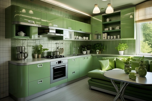 Una cucina verde in un design d'interni minimalista Generative Ai