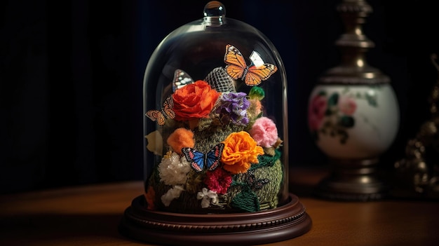 Una cupola di vetro con sopra una farfalla e dei fiori.