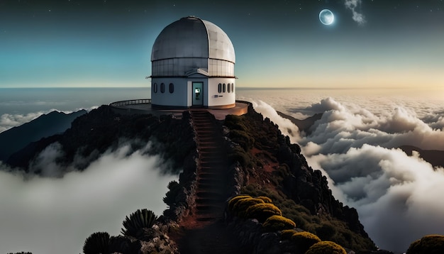 Una cupola su una montagna con la luna sullo sfondo