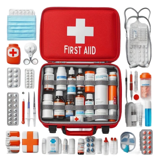 una custodia rossa e bianca con un kit medico rosso e bianco