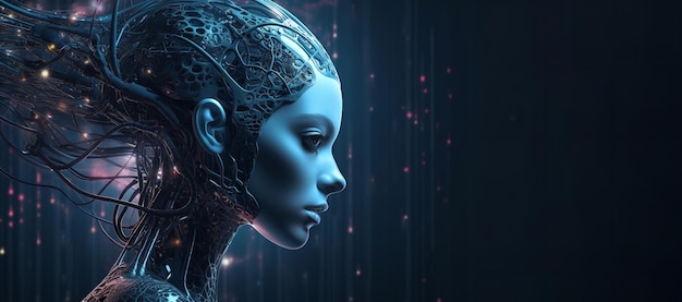 Una cybergirl umanoide artificialmente intelligente pensa all'intelligenza artificiale generativa