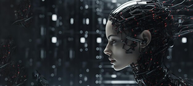 Una cybergirl umanoide artificialmente intelligente pensa all'intelligenza artificiale generativa