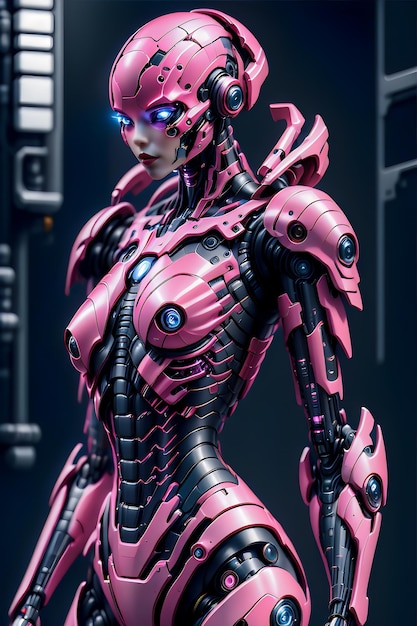 Una cyborg femmina rosa con occhi azzurri scintillanti in piedi nel corridoio buio di un'astronave