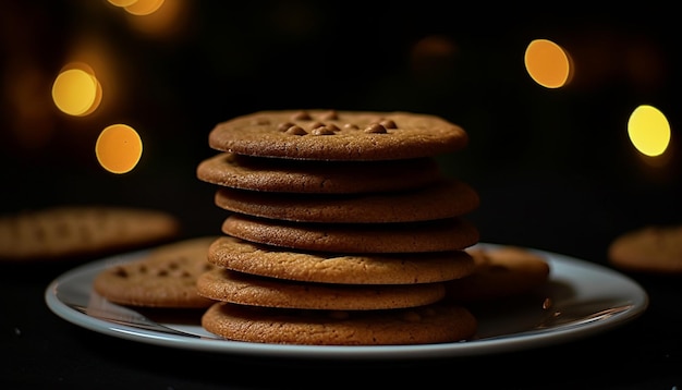 Una decadente pila di biscotti di cioccolato gourmet fatti in casa generati dall'intelligenza artificiale.