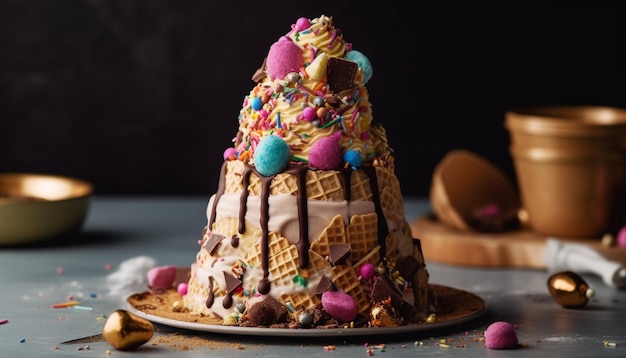 Una decadente torta di compleanno al cioccolato con decorazione a glassa multicolore generata dall'intelligenza artificiale