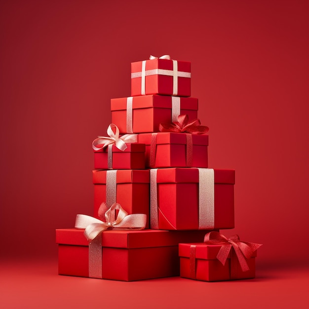 Una decorazione di Natale scatole regalo rosse su sfondo rosso isolato