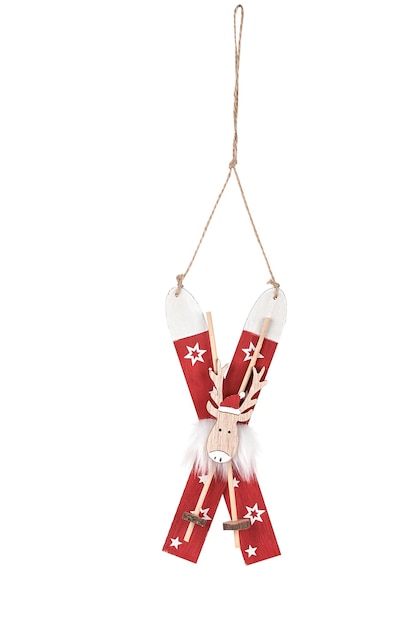 Una decorazione di renne con un nastro rosso e stelle bianche.