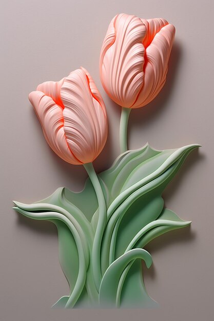 Una decorazione murale di tulipani con una foglia verde.