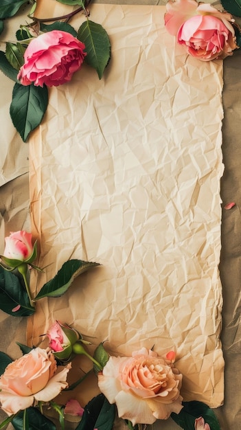 Una delicata cornice di carta arricciata fiancheggiata da rose a colori morbidi che presentano un tema gentile e romantico adatto ai concetti di matrimonio