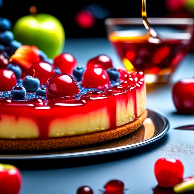 Una deliziosa cheesecake con frutta rossa accompagnata da un bicchiere di succo di mela Backgro minimalista