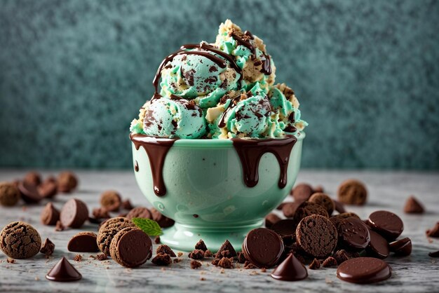 Una deliziosa ciotola verde piena di gelato cremoso e patatine di cioccolato croccanti