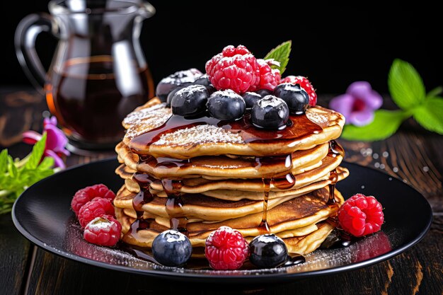 Una deliziosa colazione con pancake, marmellata e pasticci di lamponi freschi.