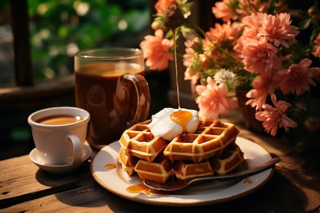 Una deliziosa colazione con tè, waffle dolci e miele.