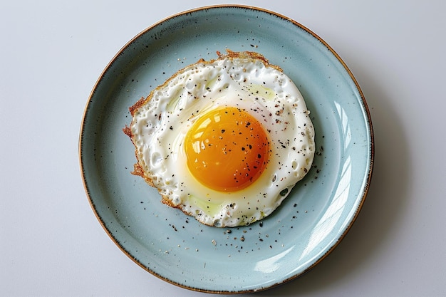 Una deliziosa colazione di uova fritte su un piatto blu su uno sfondo bianco