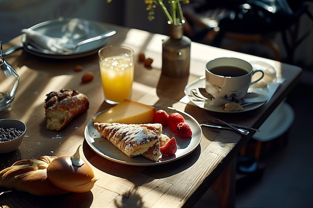 Una deliziosa colazione e bevande sul tavolo