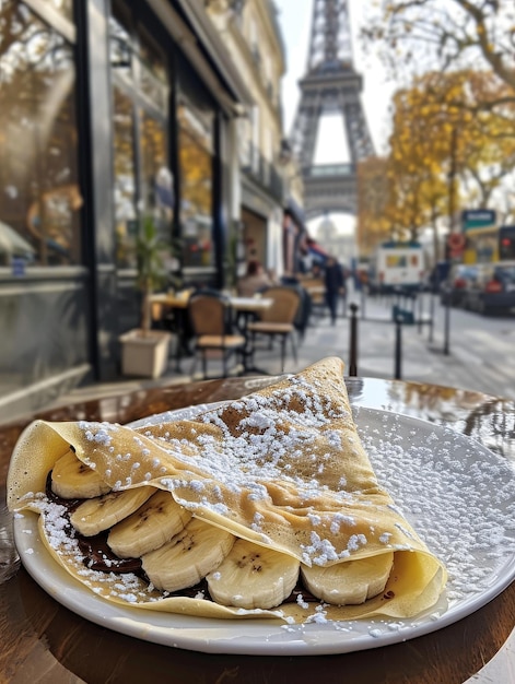 Una deliziosa colazione parigina con un croissant a scaglie una tazza di caffè e la Torre Eiffel sullo sfondo