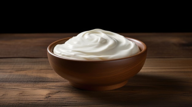 Una deliziosa crema bianca liscia è esposta in una ciotola di legno che mette in risalto la sua consistenza lucida e ricca