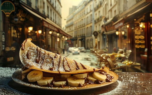 Una deliziosa crepe con banane e cioccolato servita su un tavolo di un caffè di strada parigino