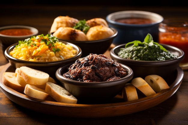 Una deliziosa diffusione di cibo brasiliano Feijoada Po de Queijo Coxinha e Brigadeiros