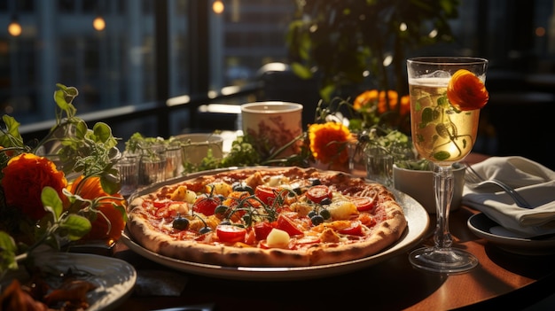 Una deliziosa e gustosa pizza italiana con pomodori e mozzarella su una tavola ben servita