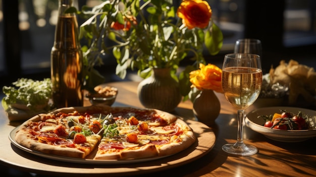 Una deliziosa e gustosa pizza italiana con pomodori e mozzarella su una tavola ben servita