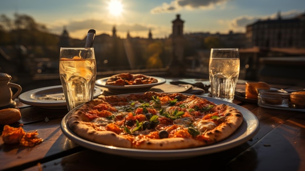 Una deliziosa e gustosa pizza italiana con pomodori e mozzarella su una tavola ben servita