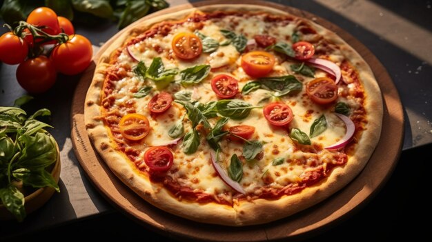 Una deliziosa e gustosa pizza italiana con pomodori e mozzarella su una tavola ben servita