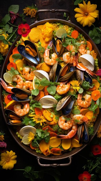 Una deliziosa e sana paella di frutti di mare con gamberetti, vongole, cozze e verdure