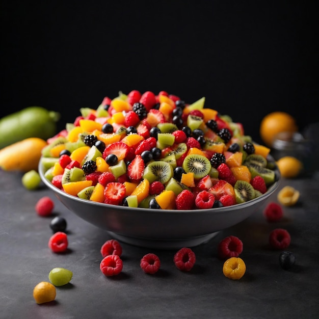 una deliziosa insalata di frutta colorata con agrumi, condimento di kiwi, bacche rosse, uva, arance