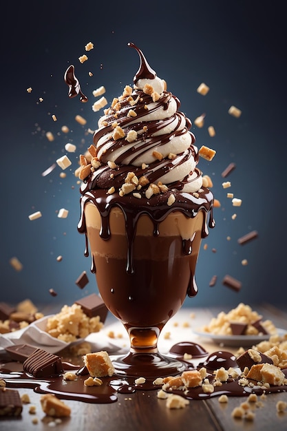 Una deliziosa pallina di gelato al cioccolato condita con una spolverata di noci tritate e un filo di caramello. illustrazione