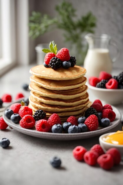 Una deliziosa pila di pancake coperta di bacche fresche e mirtilli