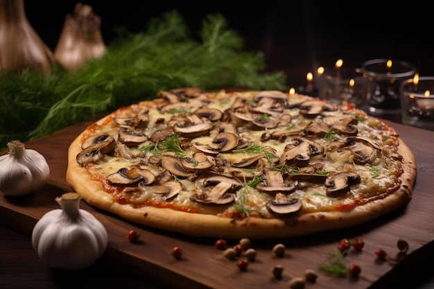 Una deliziosa pizza ai funghi con formaggio sul marmo.