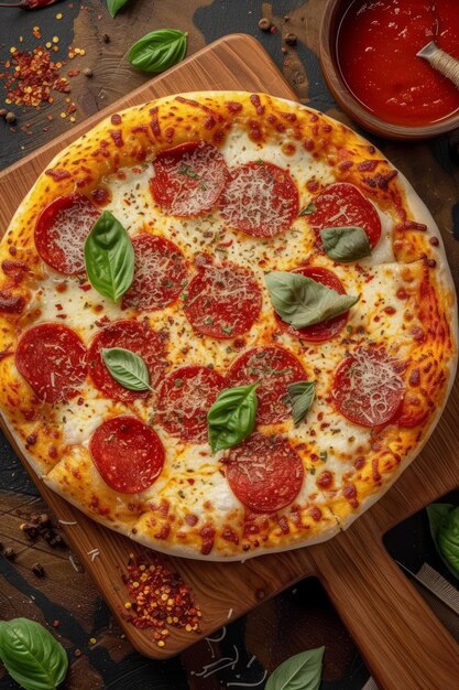 Una deliziosa pizza al pepperoni con basilico e formaggio.